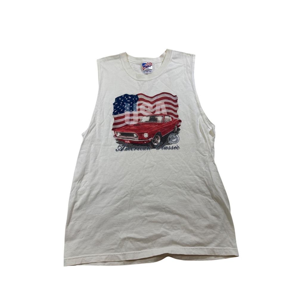 Vtg 90s Murina Muscle Tee American Classic Mustang USA Flag Car Patriotic L